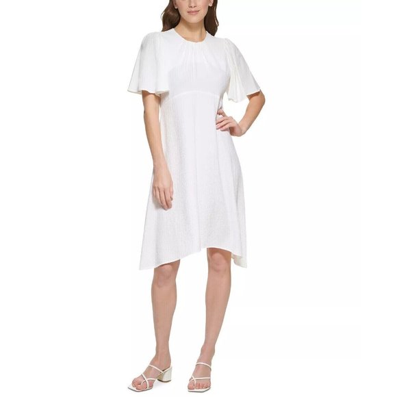 Calvin Klein Womens Textured Flutter Sleeve Knee Length Dress Ivory Size 10 - Picture 1 of 7